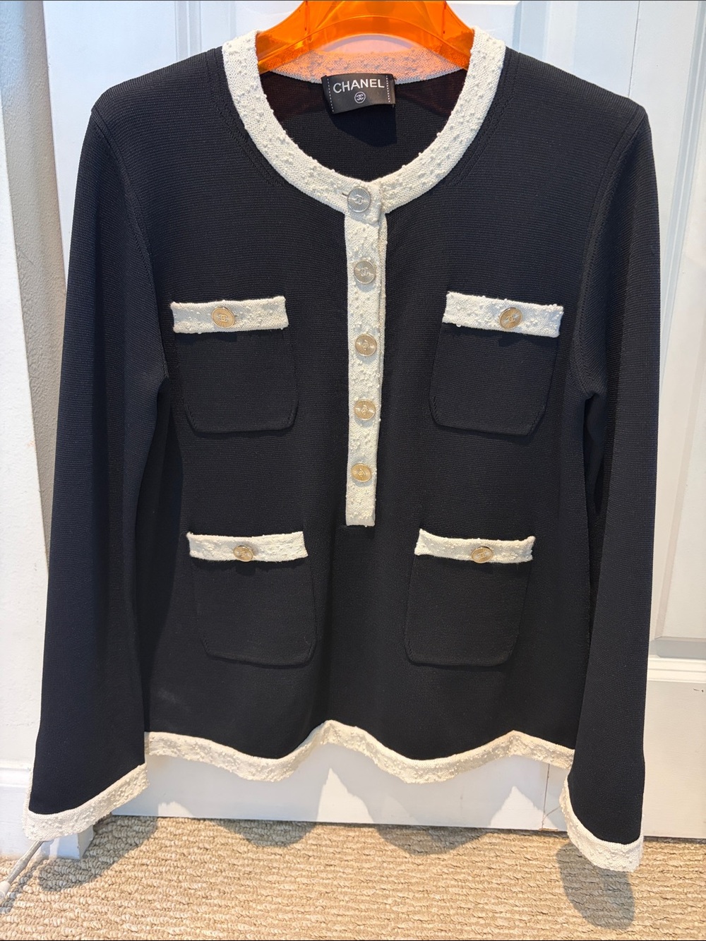 CHANEL Black Cardigan with White Trim and Gold Buttons